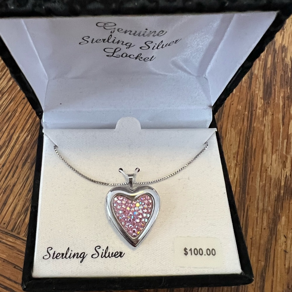 New Sterling‎ Silver locket necklace. Pink crystals